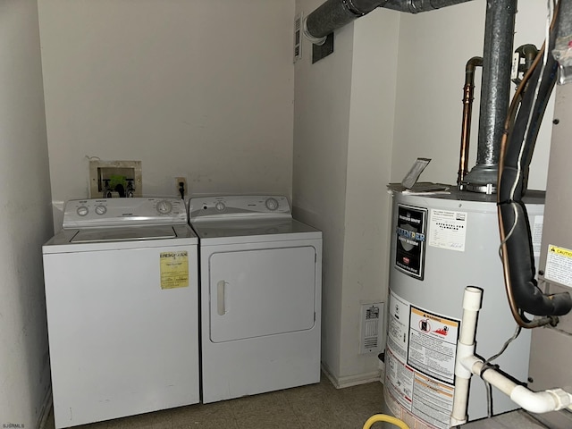 washroom featuring laundry area, washer and clothes dryer, and gas water heater