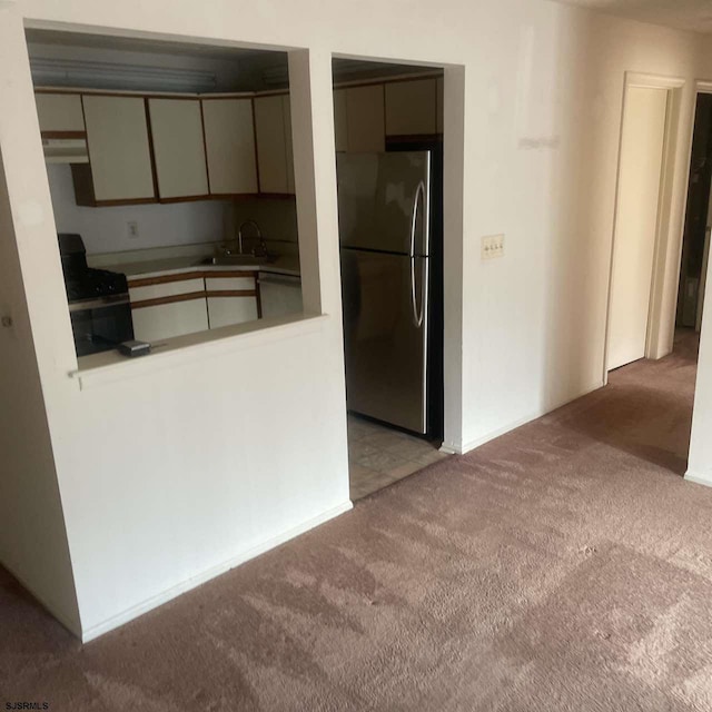 kitchen featuring light carpet, appliances with stainless steel finishes, ventilation hood, and a sink