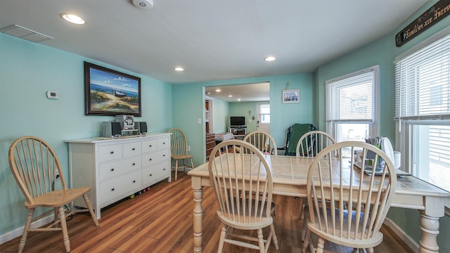 dining room featuring dark wood-style floors, recessed lighting, visible vents, and baseboards