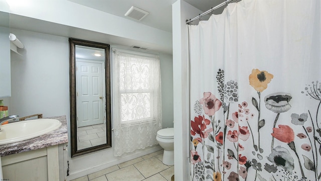 bathroom featuring visible vents, toilet, curtained shower, tile patterned flooring, and vanity