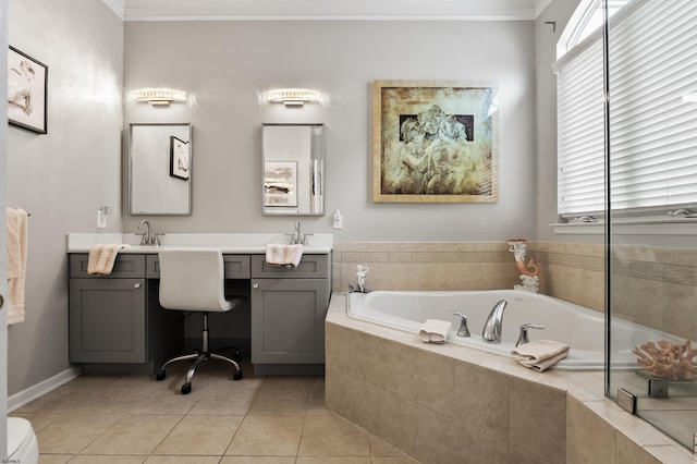 bathroom featuring double vanity, a garden tub, ornamental molding, and tile patterned floors