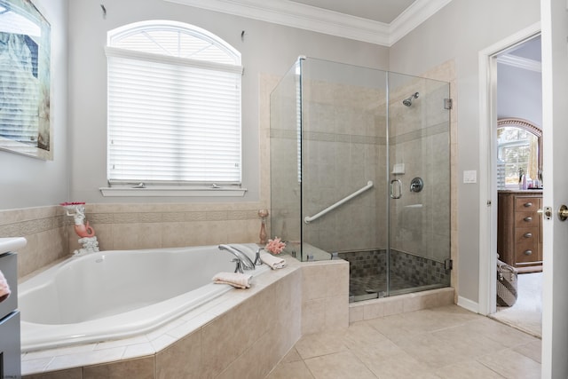 full bath with a garden tub, tile patterned flooring, a shower stall, and crown molding