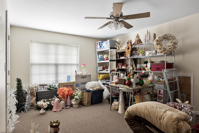 miscellaneous room featuring carpet floors and a ceiling fan