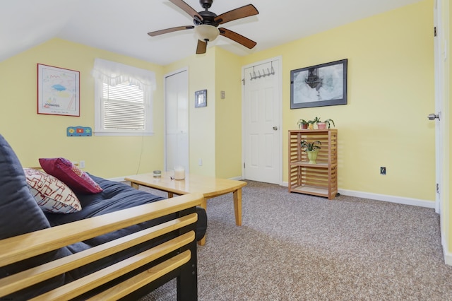 bedroom featuring carpet flooring, vaulted ceiling, and baseboards