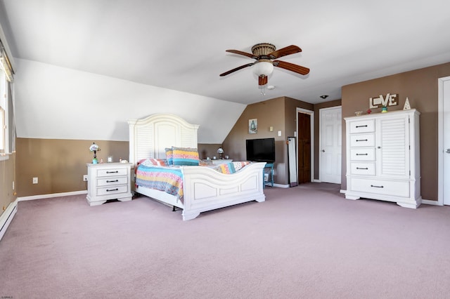 bedroom featuring vaulted ceiling, carpet floors, a ceiling fan, and baseboards