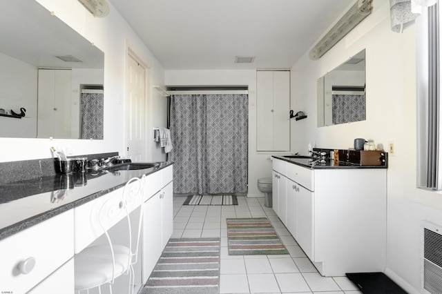 bathroom featuring toilet, visible vents, vanity, and tile patterned floors