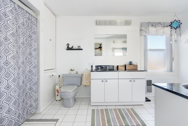 full bathroom featuring toilet, tile patterned floors, visible vents, and vanity