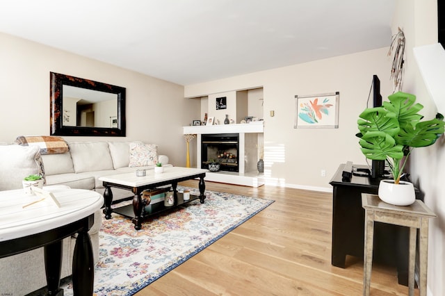 living area with baseboards, a fireplace with raised hearth, and wood finished floors