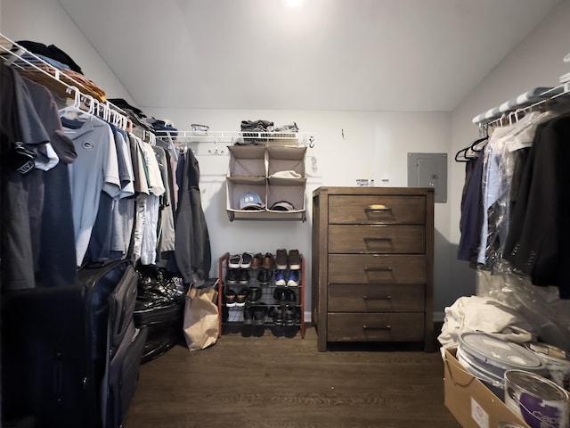 spacious closet with dark wood-style floors, electric panel, and vaulted ceiling