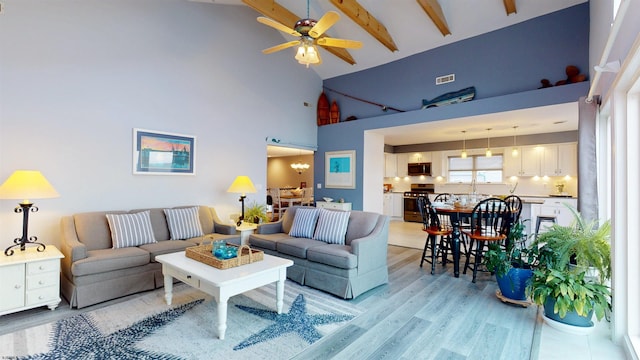 living room with light wood finished floors, visible vents, ceiling fan, high vaulted ceiling, and beamed ceiling