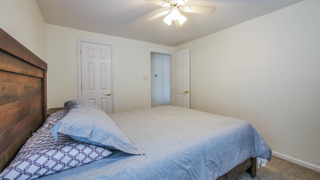 bedroom featuring ceiling fan, baseboards, and carpet flooring