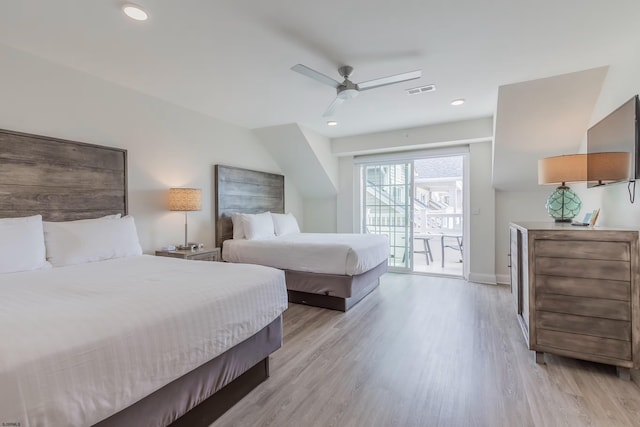 bedroom featuring recessed lighting, light wood-type flooring, a ceiling fan, and access to exterior