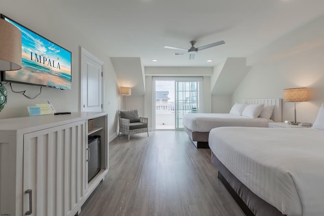 bedroom with access to outside, ceiling fan, recessed lighting, and wood finished floors