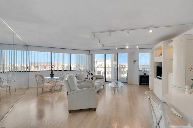 living area featuring a view of city and light wood finished floors