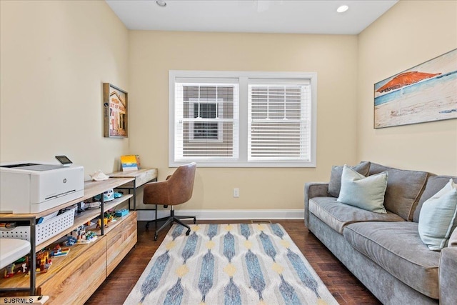 office area featuring recessed lighting, dark wood finished floors, and baseboards