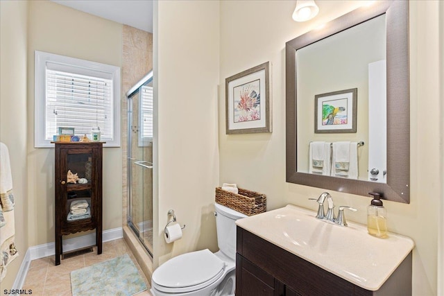 full bath with a shower stall, vanity, toilet, and tile patterned floors