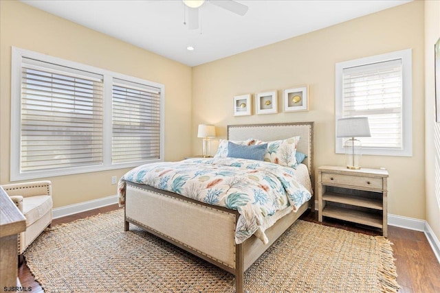 bedroom with a ceiling fan, recessed lighting, baseboards, and wood finished floors