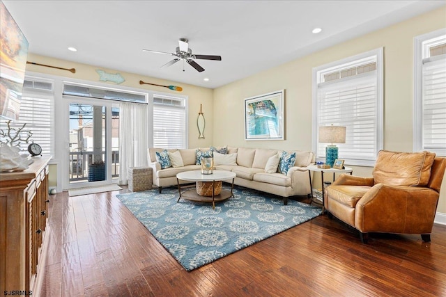 living area featuring recessed lighting, ceiling fan, and hardwood / wood-style flooring