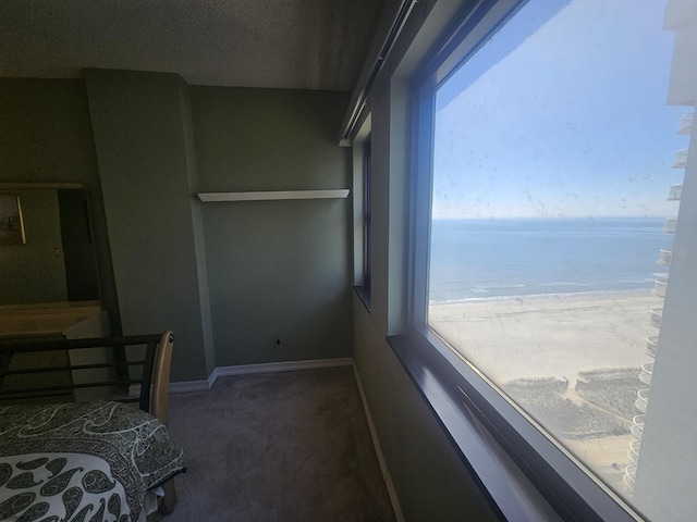 bedroom with a view of the beach, carpet, a water view, and baseboards