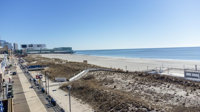 view of water feature with a beach view