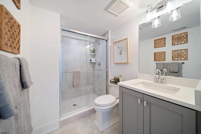 bathroom featuring visible vents, a shower stall, toilet, and vanity