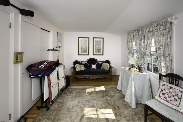 living area featuring vaulted ceiling and wood finished floors