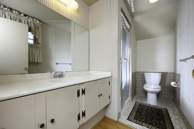 full bath featuring tile walls, a shower stall, vanity, and toilet