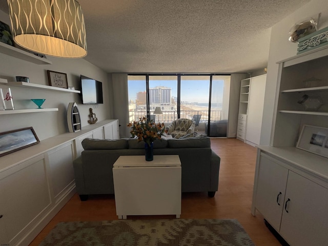 living room featuring a textured ceiling, light wood finished floors, and expansive windows