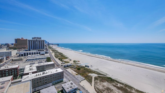 drone / aerial view with a water view and a view of the beach