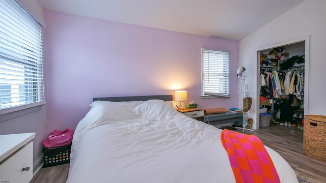 bedroom featuring lofted ceiling, multiple windows, and wood finished floors