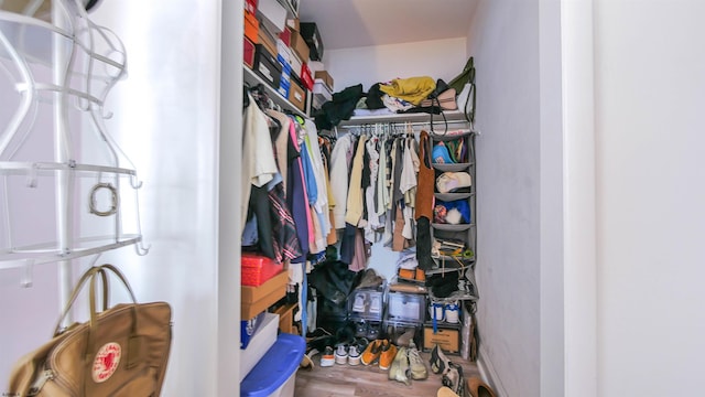 walk in closet with wood finished floors