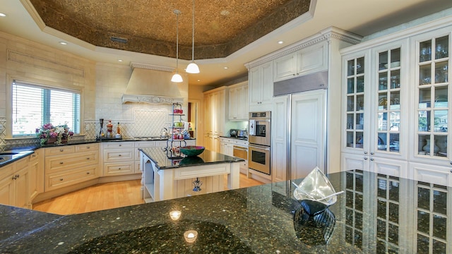 kitchen featuring stainless steel appliances, a tray ceiling, custom range hood, and tasteful backsplash