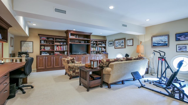 living room with light carpet, visible vents, and recessed lighting