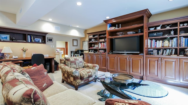 living room with light colored carpet, recessed lighting, and visible vents