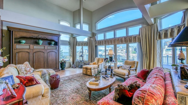 living area with a towering ceiling and wood finished floors