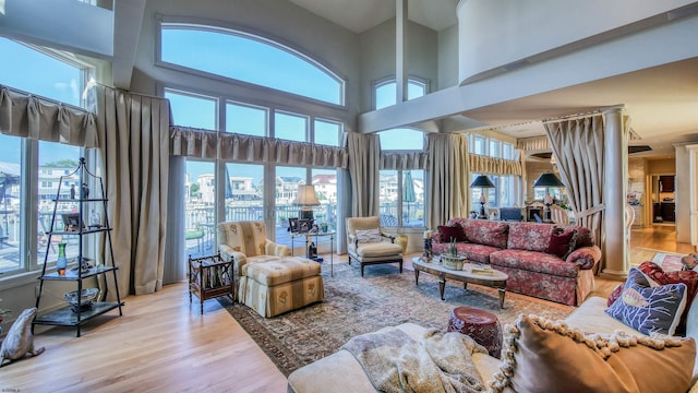 living room with a healthy amount of sunlight, a high ceiling, and wood finished floors