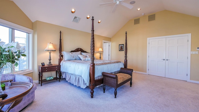 bedroom with a closet, visible vents, a ceiling fan, and light colored carpet