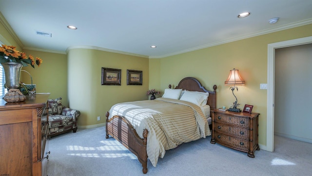 bedroom with recessed lighting, light colored carpet, visible vents, baseboards, and ornamental molding