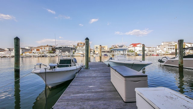 dock area featuring a water view and a residential view