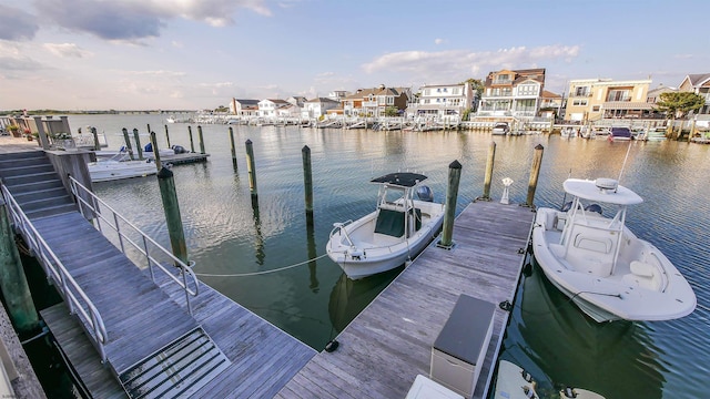 dock area featuring a water view and a residential view