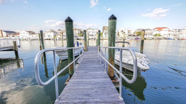 dock area featuring a residential view and a water view