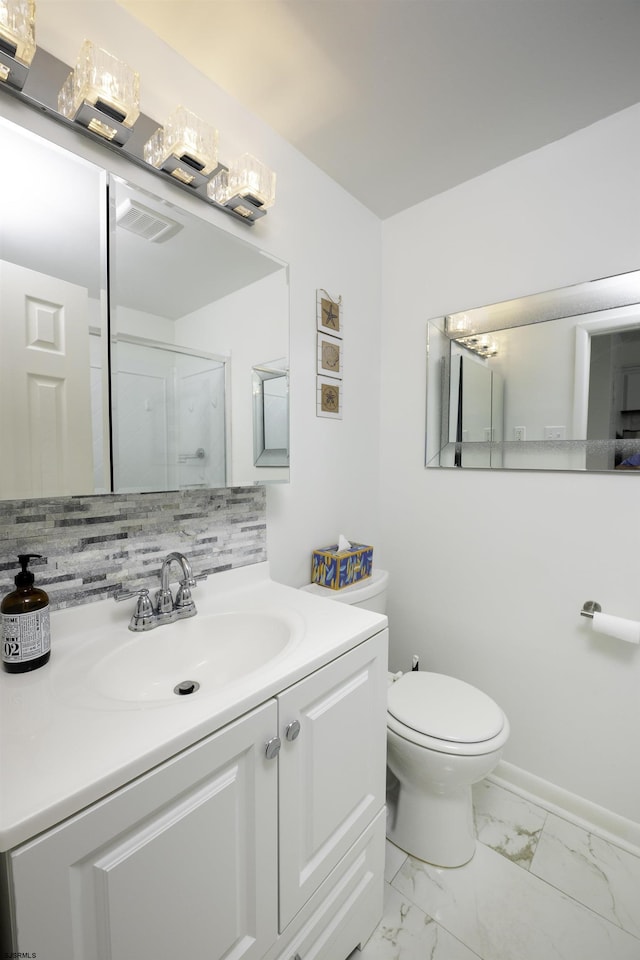 bathroom with marble finish floor, visible vents, backsplash, toilet, and a shower stall