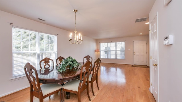 dining room featuring light wood-style floors, a wealth of natural light, and visible vents