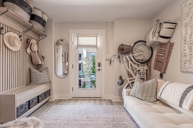 mudroom with baseboards and wood finished floors