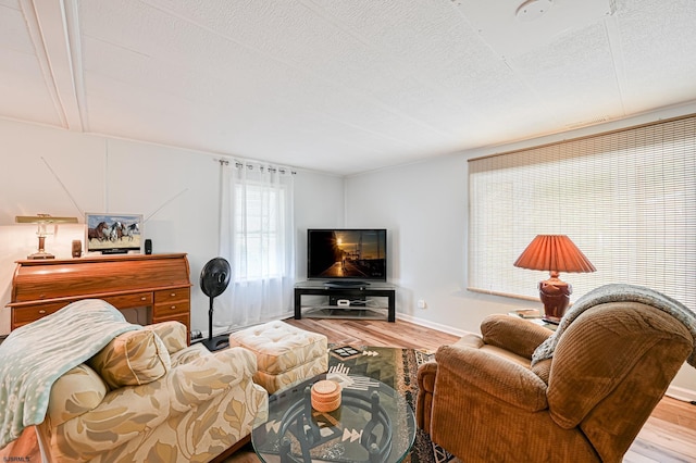 living area with a textured ceiling, wood finished floors, and baseboards