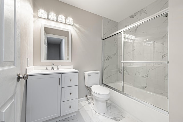 full bath with marble finish floor, shower / bath combination with glass door, vanity, and toilet