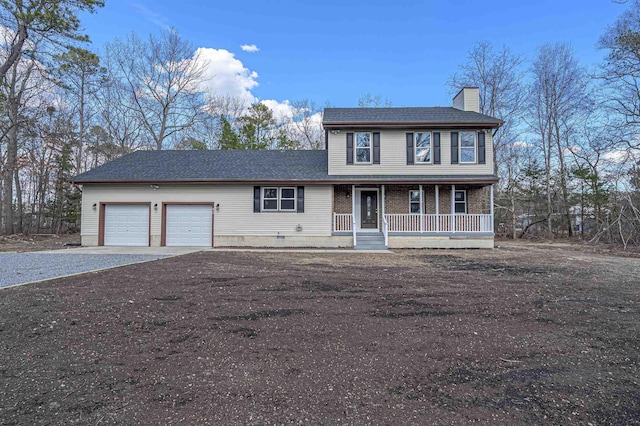 view of front of property with an attached garage, covered porch, brick siding, driveway, and a chimney