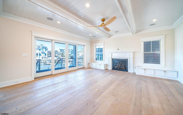 4 Grenada Ln, Ocean City, NJ 08226 - unfurnished living room featuring light wood-type flooring, a fireplace, baseboards, and beamed ceiling