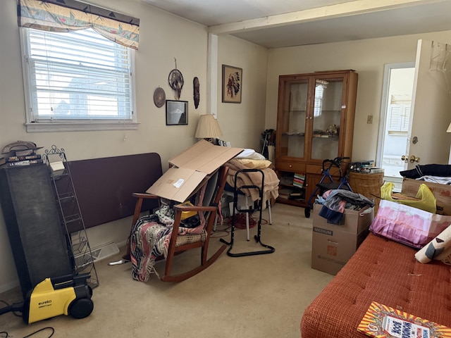 interior space featuring light colored carpet