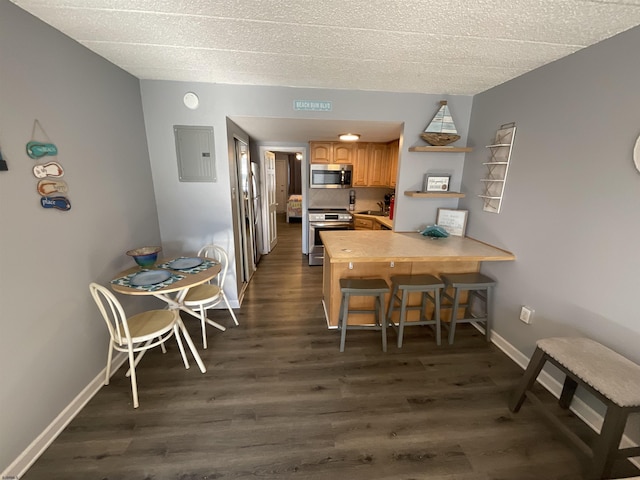 dining room with dark wood-type flooring, electric panel, a textured ceiling, and baseboards